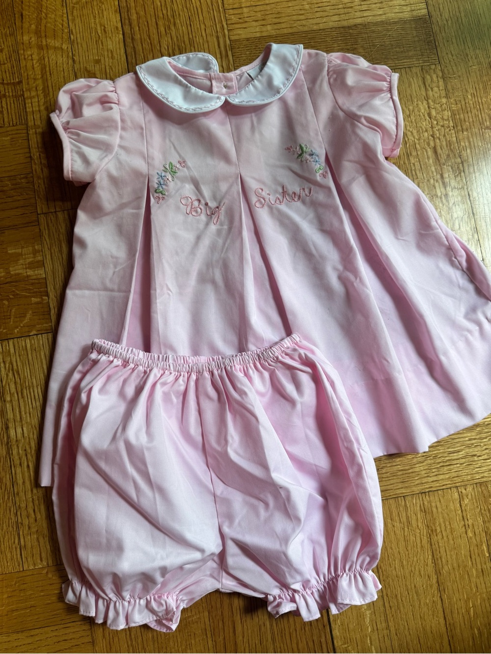 Proper Peony Girls Embroidered Big Sister Dress with Collar - Pink